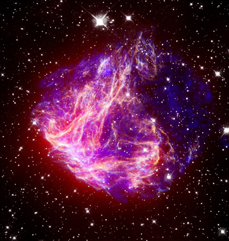 Süpernova kalıntısı N49'un kızılötesi, optik ve X-ışın görüntüsü
