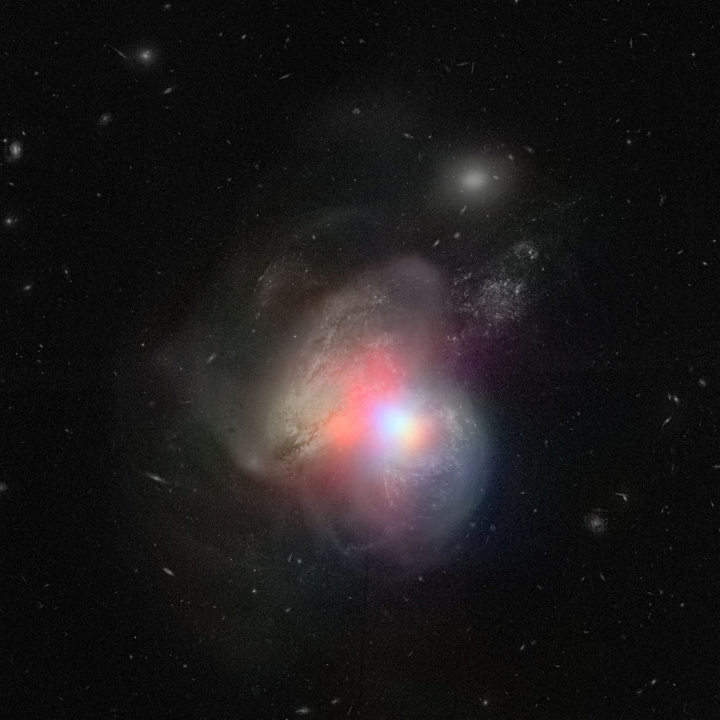 Arp 299'un optik Hubble görüntüsü ve NuSTAR sert X-ışın görüntüsü