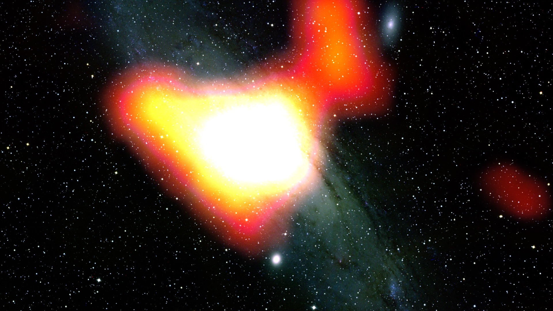 Andromeda Galaksisi’nin bir optik fotoğrafın üzerine eklenmiş Fermi Gama-ışın fotoğrafı. Gama-ışınları galaksinin merkezine yakın toplanmış.