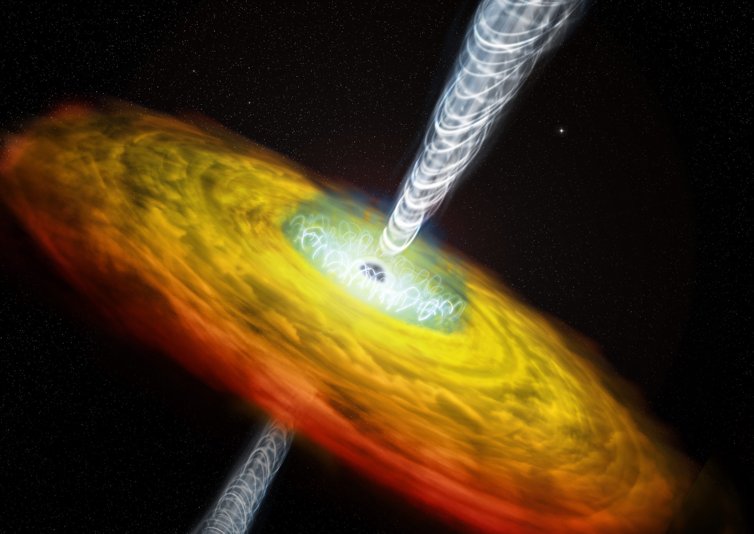 Parçacık jetleri ve madde diskiyle bir kuasar